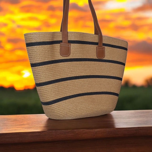 Striped Straw Tote Bag with Leather Handles - Beige & Navy - Picture 3 of 4